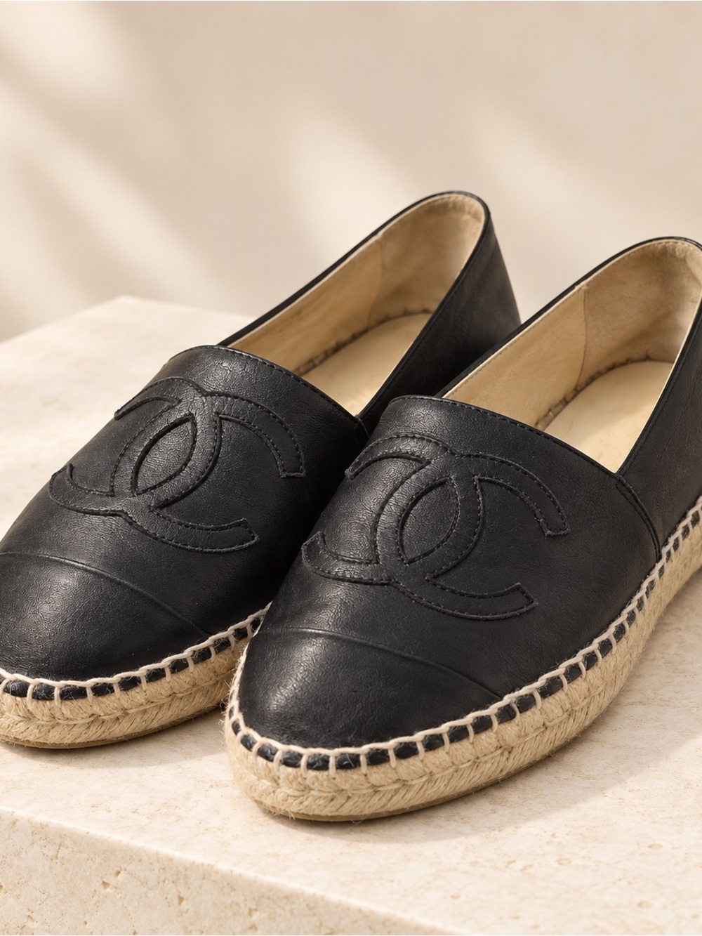 Authentic CHANEL Black Lambskin CC Espadrilles Size 36 With Box